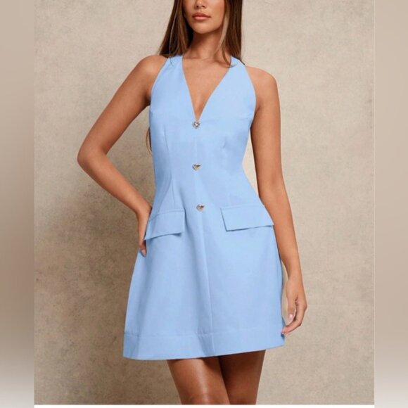 Halter Neck A-Line Mini Dress Blue - Picture 3 of 5